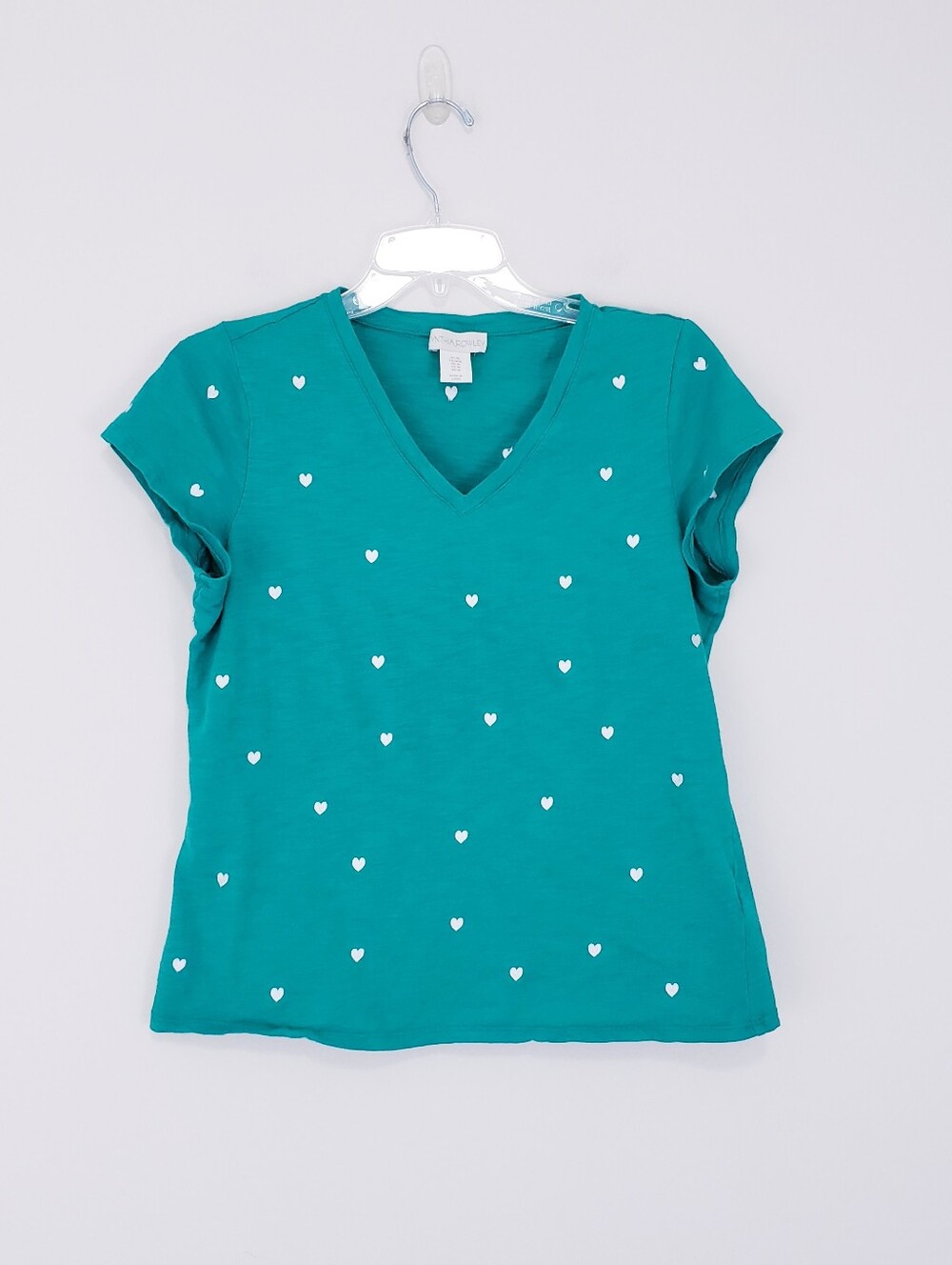 Cynthia Rowley Green White Heart Print Embroidered V Neck T Shirt Medium